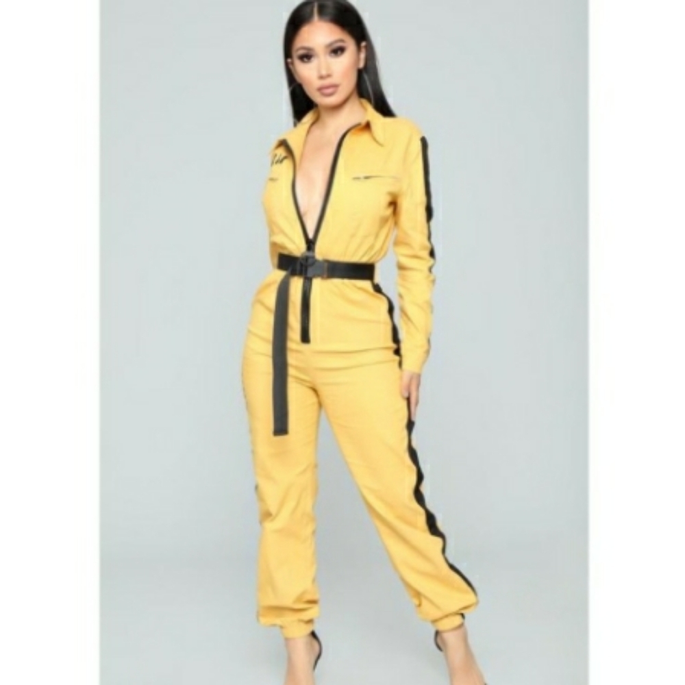 Fashion Nova Yellow Mustard Zip Up Jumpsuit